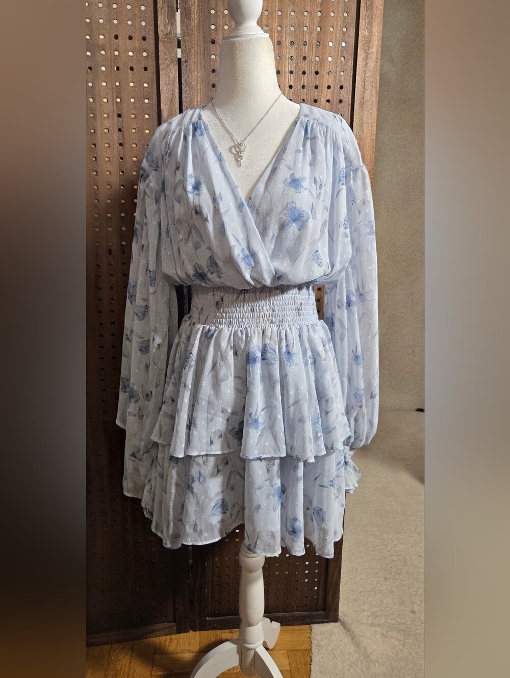 Bardot Powder Blue Floral Smocked Wrap Dress